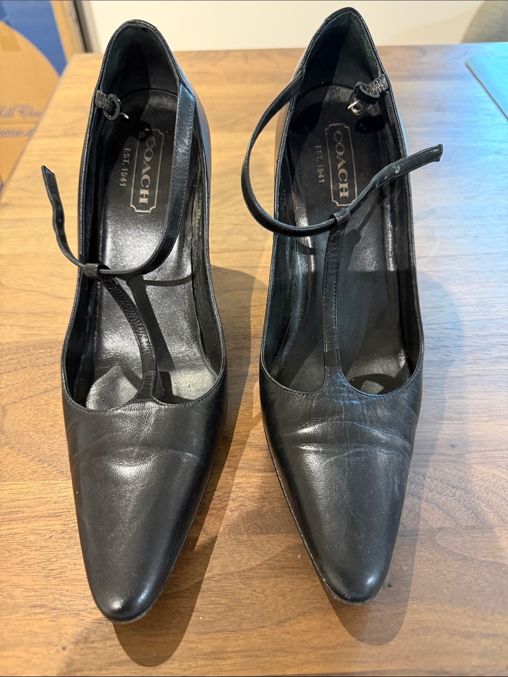 Coach Black Leather T-Strap Pointed Pumps size 6